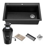 KRAUS Bellucci Workstation 33 in. Drop-in Granite Composite Single Bowl Kitchen Sink in Metallic Black with Accessories with WasteGuard™ Continuous Feed Garbage Disposal, KGTW2-33MB-100-75MB