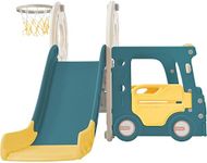 BTM Children's Slide. 4-in-1 Kids Slide Set Including Bus, Slide, Activity Ladder, Basketball Hoop and Matching Basketball. Made of High Sensity Polyethylene.