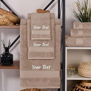 Soleus Personalized 6 Piece Bath Towel Set – Turkish Cotton, Luxury Soft & Absorbent, Monogrammed Towels with Initials, Name & Embroidery, Perfect for Bathroom, Spa, Gym & Beach - Beige