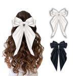 2 Packs Silky Satin Hair Bows, Big Bow Hair Clips for Women Girls Hair, Oversized Long Tail Hair Ribbons (1 White+ 1 Black)