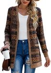 GRECERELLE Cardigan for Women Open Front Button Down Printed Lightweight Ladies Sweater V Neck Long Sleeve Outerwear Tops with Pockets FP Round Flower Brown-L