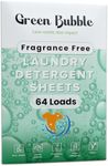 Green Bubble Laundry Detergent Sheets - Eco-Friendly 64 loads fragrance free Travel Laundry Detergent Sheets | Plastic Free Laundry Strips W/Recyclable Packaging | Washer Sheets Detergent