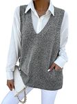 GORGLITTER Women's Sleeveless Jumper V Neck Loose Oversized Sweater Vest Plain Knitted Tank Top with Pockets Grey L