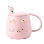 Angelice Home Pink Cat Mug, Cute Kitty Ceramic Coffee Mug with Stainless Steel Spoon, Novelty Coffee Mug Cup for Cat Lovers Women Girls