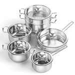 ASKSCICI Stainless Steel Pots and Pans Set Non-Toxic, 11 Pieces Kitchen Induction Cookware Set with Steamer, Frying Pans, Saucepan and Stockpots, Compatible with All Stovetops, Silver