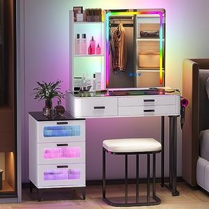 Gurexl RGB Vanity Desk with Wireless Charging Station,Vanity Table with Lights and Mirror,7 Dynamic and 7 Static Dimmable Vanity Set with USB-C,6 Drawer and Cushion Stool (RGB White)
