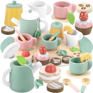 GAGAKU Wooden Tea Set for Toddlers Wooden Coffee Afternoon Tea Set Play Kitchen Toy Kitchen Accessories Pretend Play Food Kids Tea Sets Wooden Toys Gifts for Kids Children Girls
