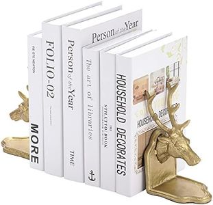 MyGift Modern Brass Cast Iron Metal Bookends for Heavy Books, Decorative Book Ends for Shelf with Stag Deer Head Design, Elk Bust Book Holders, 1 Pair