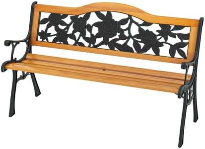 Giantex Outdoor Bench with Slatted Seat, Curved Armrests, Flower Pattern Backrest, 470 Lbs Capacity, Cast Iron Metal Patio Bench for Garden, Outside, Lawn, Porch, Yard, Park Bench