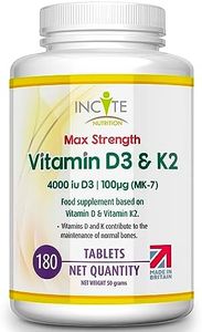 Vitamin D3 K2 (MK7) 100 UG - Vitamin D3, 4000iu & Vitamin K2-180 Premium Vegetarian Tablets - 6 Month’s Supply - High Strength Quality - Made in The UK by Incite Nutrition®