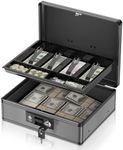 Lockbako Locking Cash Box with Money Tray and Key, Secure Money Safe Box for Cash, Portable Money Box with Bottom Storage Spaces, Money Saving Organizer(Black, Extra Large)