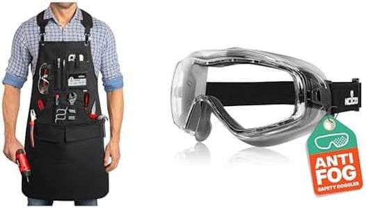 NoCry Heavy Duty Work Aprons with Reinforced Pockets, Magnet Holders & Durable Stitching (Large/X-Large) & Anti Fog Safety Goggles with Premium Anti Scratch Coating - Vented Panoramic Lab Goggles