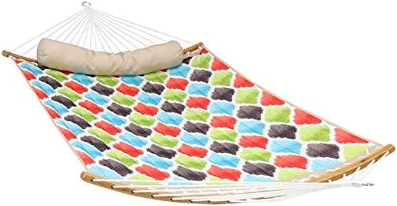 Sunnydaze Quilted Polyester Double Hammock with Curved Bamboo Spreader Bars - 450-Pound Capacity - Multicolor Quatrefoil