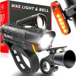 [New 2025] BX500-BEL 3 in 1 Bike Light & Bell Set - Powerful USB-C Rechargeable Front and Back Lights 10hrs Max Bicycle LED Headlight Kit - 18hr Max Taillight - Accessories for Night Riding