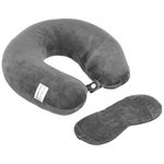amazon basics Travel Neck Pillow & Sleeping Eye Mask Combo | Comfortable Velvet Headrest | Portable & Ergonomic for Airplanes, Cars, Office | Pain Relief & Sound Sleep I Grey