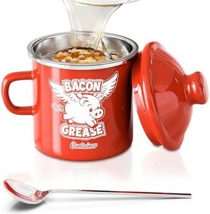 PGYARD Mini Bacon Grease Container With Strainer - 15OZ Farmhouse Enamel Grease Saver, Fat Storage For Kitchen, Dishwasher Safe-Red