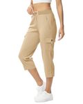 donhobo Womens Cargo Hiking Walking Trousers,Capri Cropped Shorts Trousers Women,Ladies Lightweight Summer 3/4 Length Sweatpants Elasticated Waist Quick Dry with 4 Pockets Khaki L