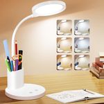 Hifireelf Desk Lamp,Eye-Caring Table Lamp 6 Light Modes and Stepless Dimming,Pen&Phone Holder and Flexible Gooseneck,Desk Light with Organizer/Storage Box,Touch Desk Lamp for Study,Office,Reading