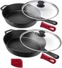 Cuisinel Cast Iron Skillet Set - 10" + 12" Frying Pan + Glass Lids + 2 Handle Cover Grips - Pre-Seasoned Oven Cookware - Indoor/Outdoor Use - Grill, Stovetop, Induction, BBQ, Camping, Fire Use