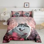 Little Girls Comforter Set -Pink Gray Cute Dog Pattern Bedding Set for Boy Kids Full Size,Siberian Husky Duvet Insert Child Botanical Branches Pet Animal Down Comforter(Floral Flower Field Quilted)