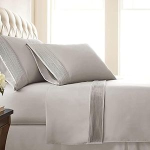 SouthShore Fine Living Vilano Pleats, 4-Piece, 21-Inch Extra Deep Pocket Sheet Set, Queen Sheets Set with Flat Sheets and Pillowcase, Easy Care and Shrinkage-Free Deep Pocket Sheets, Sheet Set, Bone