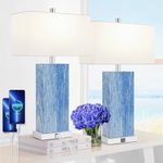 24” Tall Touch Control Table Lamps Set of 2, Blue Navy Lamps w/ USB& Type C Ports, Dimmable Coastal Bedside Nightstand Lamp White Shade, Large Lamps for Living Room End table Bedroom (Bulbs Included)