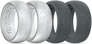 King Will Silicone Mens Ring - Breathable Wedding Bands for Men 8mm Wide Rubber Engagement Bands, Geometry/Waves Etched Unique Design, Comfort Fit Ring - 4 Variety Multipack Silver/Dark Grey Size 8