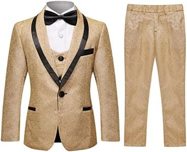 Boys Gold Tuxedo Suit Shiny Festive Dress 3 Pieces Blazer Pants Vest for Wedding