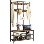 Yaheetech Large Coat Rack Stand, Hall Tree with 24 Hooks and Shoe Bench, 3-in-1 Design,Free Standing Clothes Hat Rack with Metal Frame for Hallway Entryway Living Room, Rustic Brown and Black