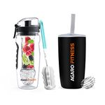 AGARO Infusion Fruit Infuser Bottle, Reusable Polar Ice-gel Ball, 1 Litre, BPA free water bottle, Leak Proof, SS Shaker Ball, Carry Cover Sleeve, Recipe Book, Black (Plastic)