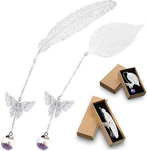 2PCS Marcadores Clásicos, Marcapáginas de Hojas de Plumas de Metal con Mariposa 3D y Colgante de Flor Seca Eterna de Cuentas de Vidrio, Regalo para Profesora Lectores Mujeres y Niños