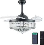 DuMaiWay Dimmable Fandelier Crystal Ceiling Fan with Light and Remote Modern Chandelier Ceiling Fan with 4 Retractable Blades for Living Room, Bedroom, Dining Room-Black 36 Inches