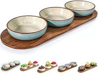 Artena 6oz Turquoise Solid Ceramic Chips and Dip Serving Platter with Acacia Wooden Tray, 4.5inch Glazing Small Serving Bowls/Dipping Dishes for Condiments,Side Dishes, Dipping, Pre, Dessert, Salsa