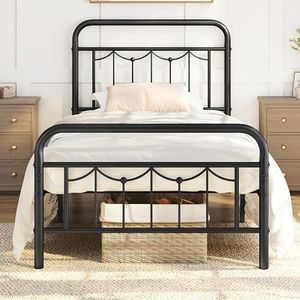 Yaheetech Cadre de Lit en Métal 90x190cm avec Tête et Pied de Lit Vintage Support de Lattes Solides Grand Rangement sous Le Lit Noir