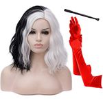 Black and White Wigs for Women Cruella Deville Costumes Short Curly Wavy Bob Hair Wig Cute Synthetic Wigs for Party Cosplay Halloween with Holder and 1920s Gloves AK009BW