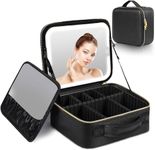 Friza Travel Makeup Case With Led Light Mirror, Waterproof Vanity Bag With 3 Adjustable Color Brightness Cosmetic Bag Train Case Organizer With Adjustable Dividers (Black)