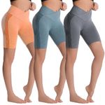 JOJOANS 3 Piece Gym Shorts for Women Crossover Cycling Shorts High Waisted Biker Shorts Running Workout Yoga Shorts(Green/Grey/Orange, L)