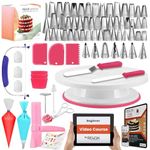 Cake Decorating Kit -RFAQK 200 PCs with Cake Turntable- Cake Leveler- 55 Numbered Piping Tips & Nozzles with Pattern Chart & E-Book- 110 Icings Bags-Straight & Offset Spatula-Scraper Set & Baking Kit