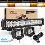 NAOEVO 20" 420W LED Light Bar Strobe Lights, 6 Modes Amber White with Memory Function Reset Function, 2 Pcs 4" Off Road Fog Driving Work Light for Truck Boat Jeep, 16AWG Wiring Harness Kit - 3 Leads