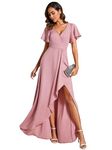 Ever-Pretty Evening Dress Women's Deep V-Neck High Slit Sequin Ruffles Sleeves A-Line Prom Dress Bridesmaids Dusty Rose 20UK