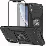 iPhone XR Case, iPhone XR Phone Case with Screen Protector, HNHYGETE Rubber Bumper with 360 Rotation Ring Kickstand Cases for iPhone XR (Black)