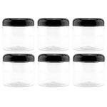 16oz Clear Plastic Jars with Black Plastic Lids (6 pack); BPA Free PET Stackable Straight Sided Canisters for Bathroom & Kitchen Storage of Dry Goods, Creams and More