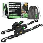 Rhino USA Retractable Ratchet Tie Down Straps (2PK) - 540kg Guaranteed Max Break Strength, Includes (2) Ultimate 2.5 cm x 3 m Autoretract Tie Downs with Padded Handles - Black