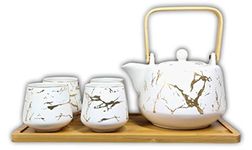 Ebros Gift Contemporary Minimalist Faux Marble Finish With Gold Veins Design Ceramic 37oz Tea Pot and Cups With Bamboo Serving Tray Set Service 4 People Zen Home Decor Teapots Dining Table Accent (Matte White)