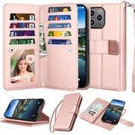 Njjex Wallet Case for iPhone 15 Pro Max 6.7" 2023, for iPhone 15 Pro Max Case, [9 Card Slots] PU Leather ID Credit Holder Folio Flip [Detachable] Kickstand Magnetic Phone Cover & Lanyard [Rose Gold]