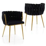 Giantex Velvet Dining Chairs Set of 2, Upholstered Kitchen Chairs w/Curved Backrest, Gold Metal Legs & Adjustable Foot Pads, Modern Accent Chairs, Woven Dining Room Chairs for Living Room, Black