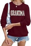 MYHALF Grandma Embroidered Sweatshirts for Women: Grandma Floral Applique Shirts Nana Gifts Casual Crewneck Pullover Tops, Wine Red, Medium