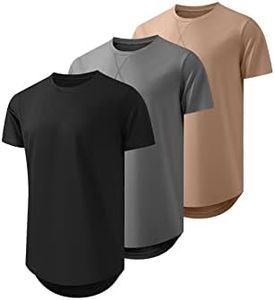 JMIERR Men's 3 Pack Cotton Hipster Hip Hop Longline Crewneck T-Shirt, Short Sleeve Gym Workout Athletic T Shirts for Men Pack,2XL, Black/Dark Grey/Khaki