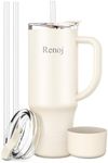 Renoj Tumbler with Handle 100% Leak Proof Insulated Water Bottle for Iced Coffee & Hot Drinks - Fits Car Cup Holder, Ideal Gift, 2 Straws & Silicone Boot - SnapShift White 32 oz