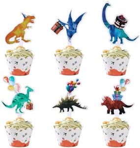 ecoZen Realistic Dinosaur Cupcake Toppers and Wrappers, Cute Dino Birthday Decorations for Party, Baby Shower, Gender Reveal, Cartoon Dinosaur Cupcake Liners and Toppers, 30 of Each